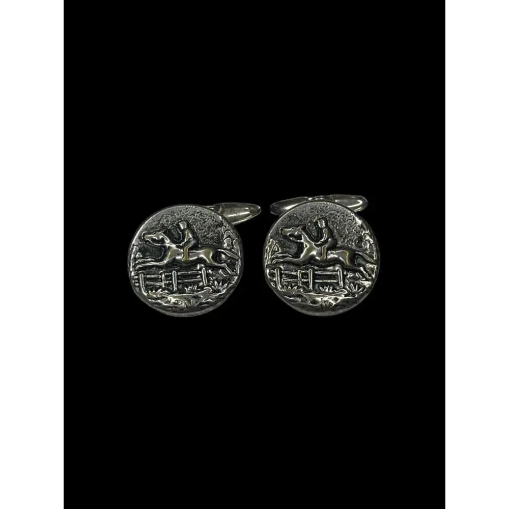Equestrian Cross Country Horse Racing Vintage Men Silver Tone Fashion Cufflinks